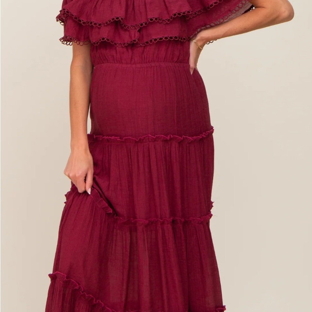 New Pinkblush Burgundy Tiered Off Shoulder Maternity Maxi Dress
